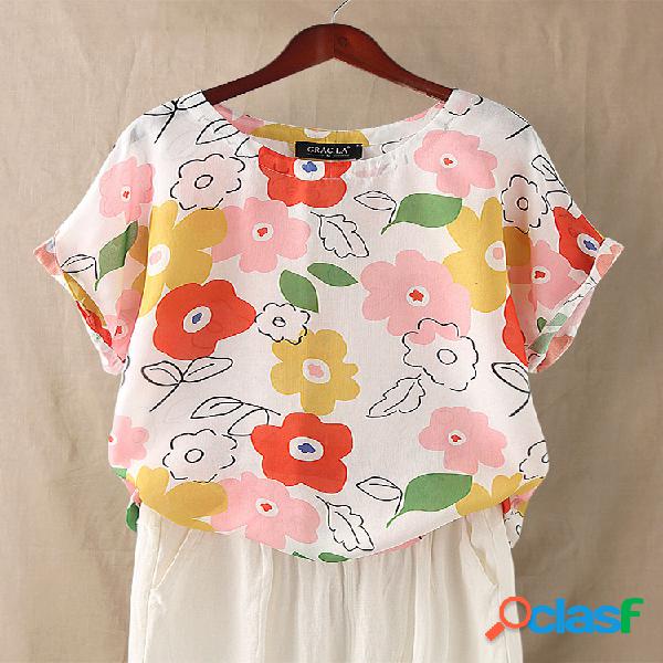 Colorful T-shirt de manga curta com estampa floral para