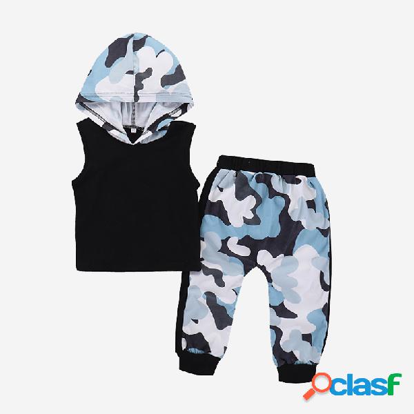 Conjunto de roupas com capuz sem mangas de impressão de