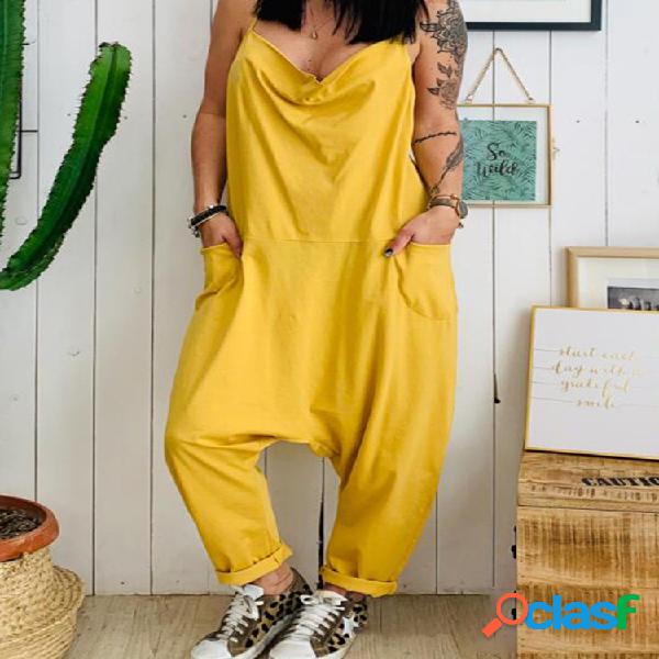 Cor sólida Spaghetti Straps Side Pockets Casual Jumpsuit