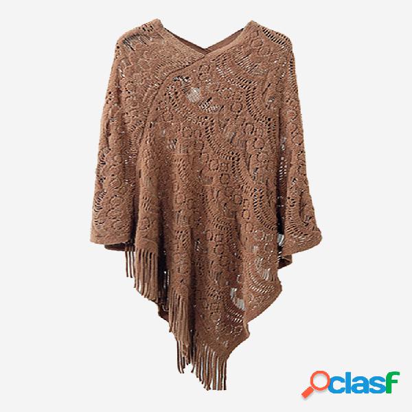 Cor sólida decote em v crochet borla capa xaile camisola de