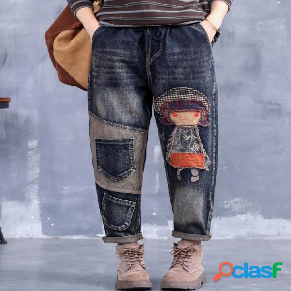 Cordão Cartoon Patchwork Casual Jeans para mulheres