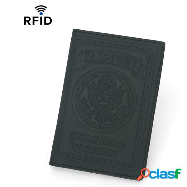 Couro Genuíno RFID Titular de Passaporte Antimagnético