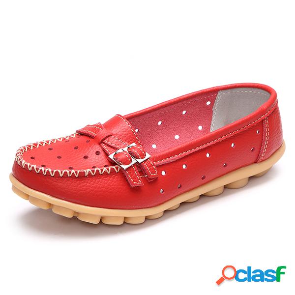 Couro Respirável Oca Out Soft Sole Mulheres Flat Casual