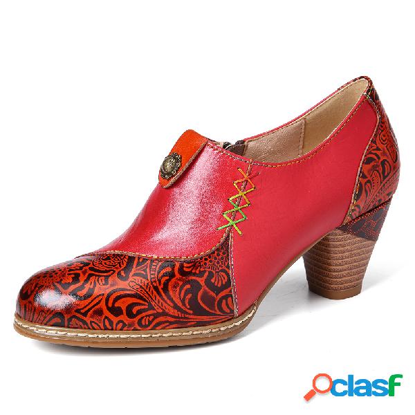 Couro retro frisado flor em relevo costura zipper meados