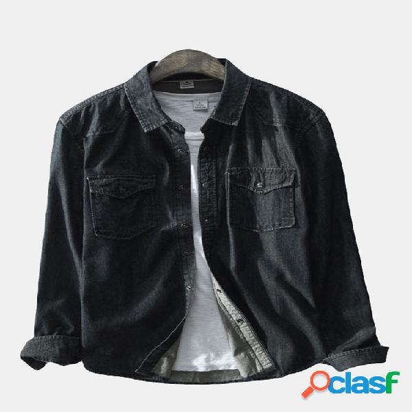 Denim casual masculino bolsos no peito solto manga comprida