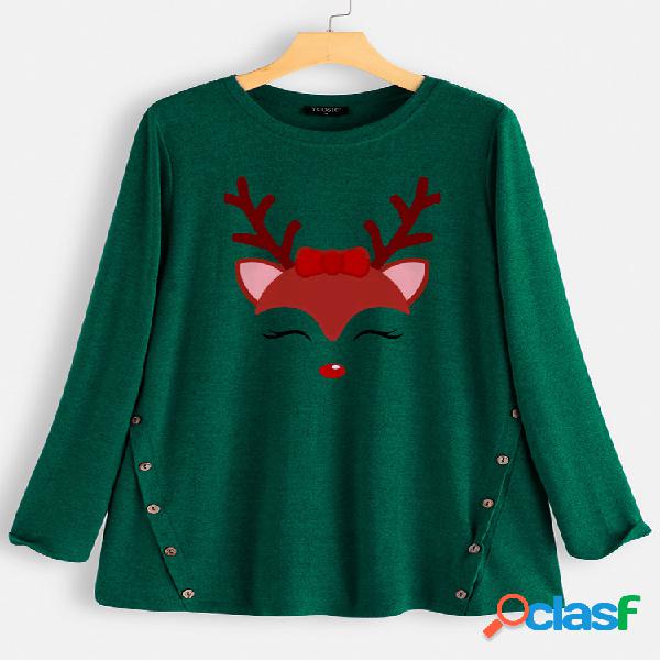 Desenhos animados de natal Elk Print Side Button Blusa de