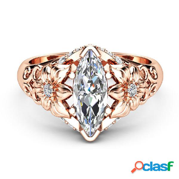 Elegante Luxo Flor Anel Rose Gold Zircon Diamante Mulheres