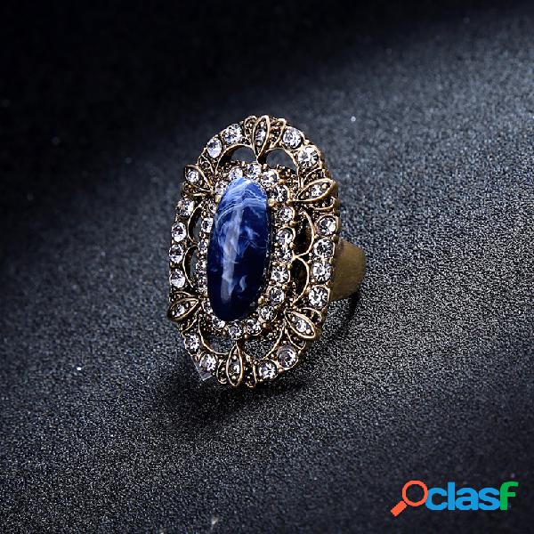 Elegante anel de pedra de gema azul strass estilo retro
