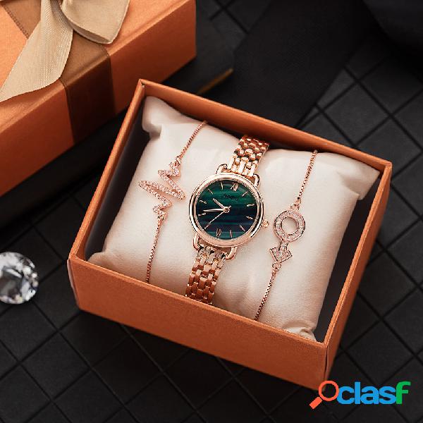 Elegante pulseira de relógio de esmeralda conjunto de aço