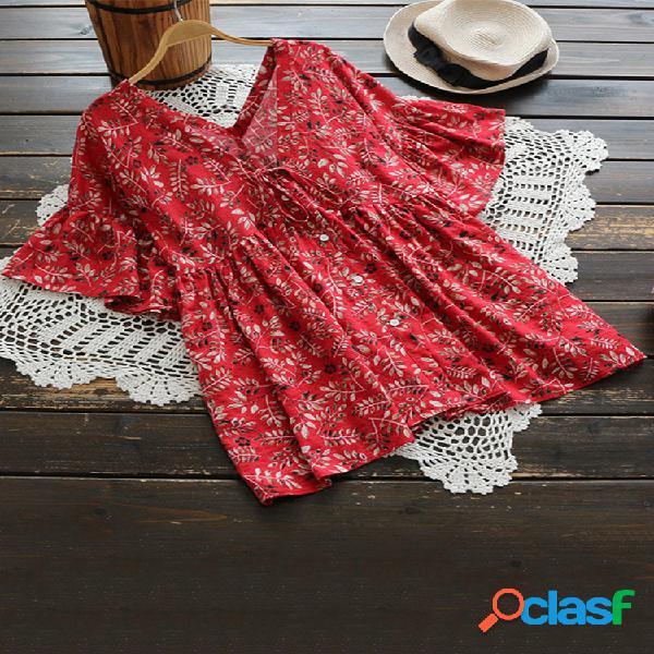 Estampa Floral Ruffle Com Decote Em V Bow Nó Plus Blusa