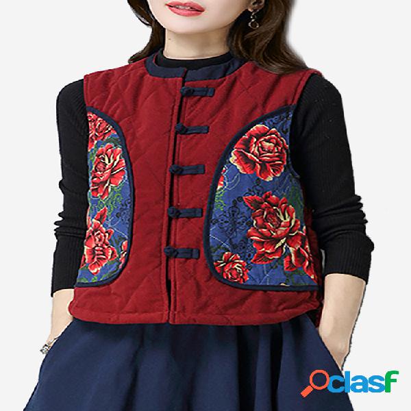 Estilo Folk Mulheres Printed Chinese Frog Sleeveless Vest