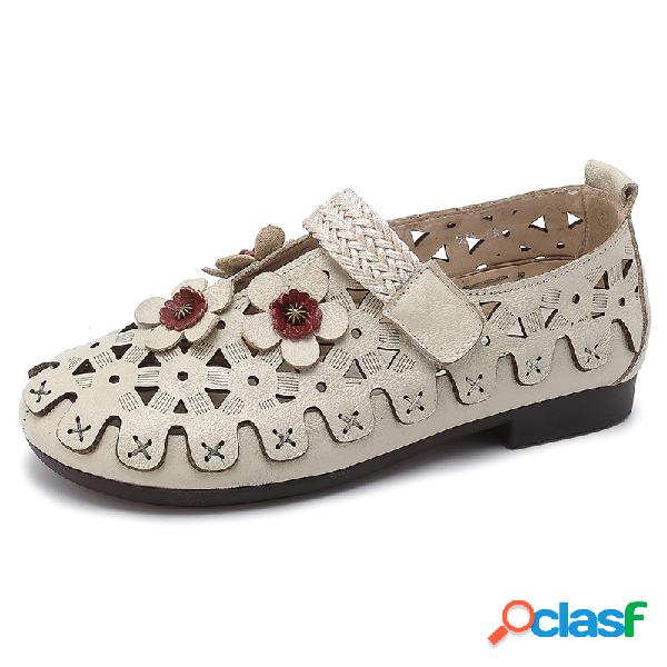Flor ajustável Gancho laço casual oco retro sapatos baixos