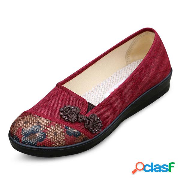 Floral Chinês Nó Estilo Nacional Vintage Cotton Slip On