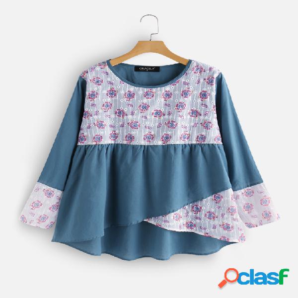 Floral Impresso Lace Patchwork Irregular O-neck manga