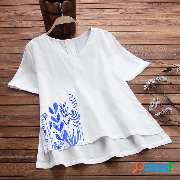 Floral Impresso manga curta Irregular Hem T-shirt