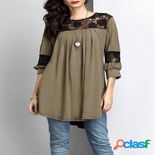 Floral Lace Patchwork manga comprida Casual Mulheres Blusa