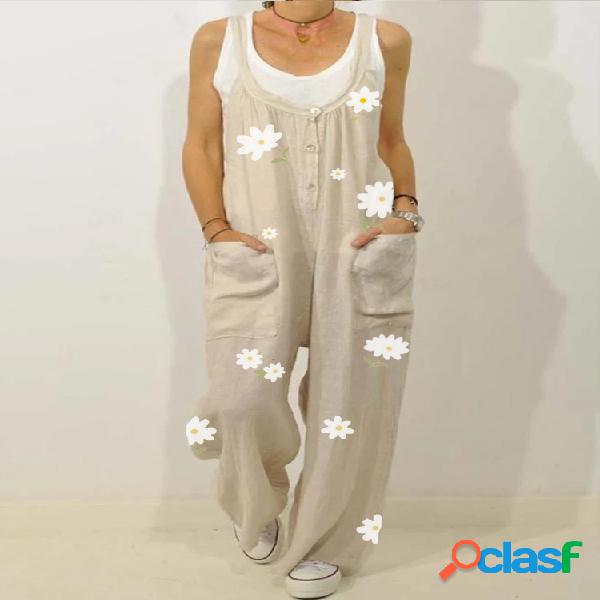 Floral Print Straps Loose Casual Jumpsuit Para Mulheres
