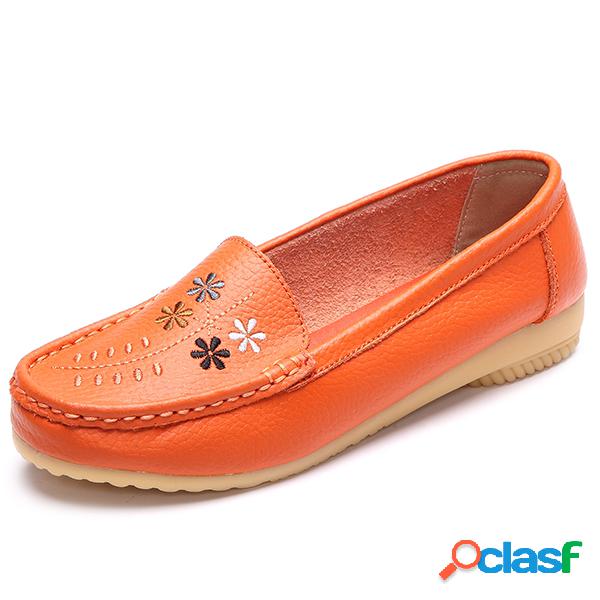 Flower Bordado Couro Soft Confortável Casual Slip On Flat