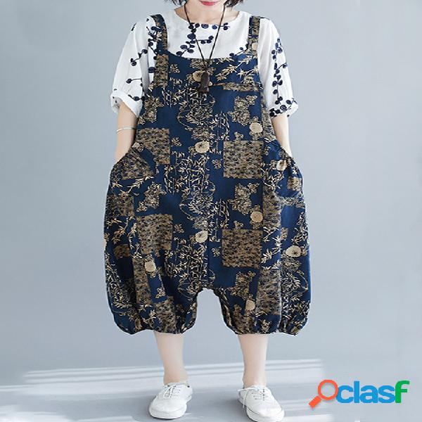 Folhas Floral Print Vintage Straps Jumpsuit Para Mulheres
