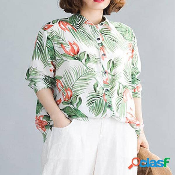 Folhas Flroal Imprimir lapela de manga longa Camisa para