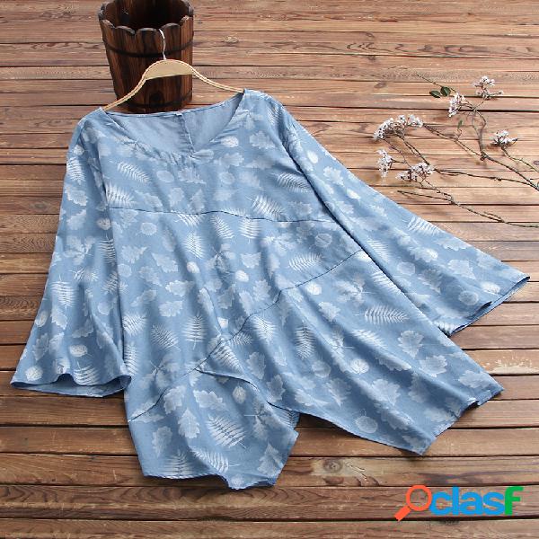 Folhas Imprimir Patchwork Irregular manga comprida Blusa