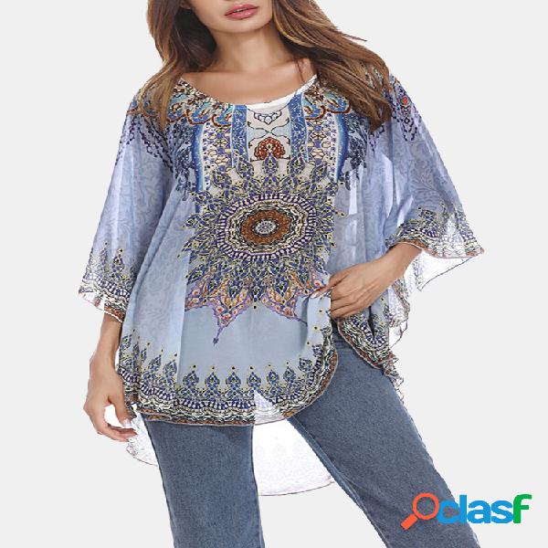 Folk Style Imprimir Irregular 3/4 Blusa Manga Para Mulheres