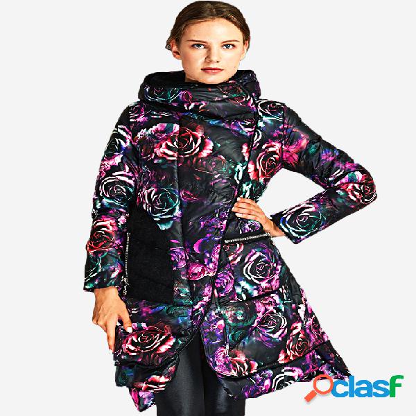 Fsahion Hooded Printed Pocket mangas compridas Down Coats