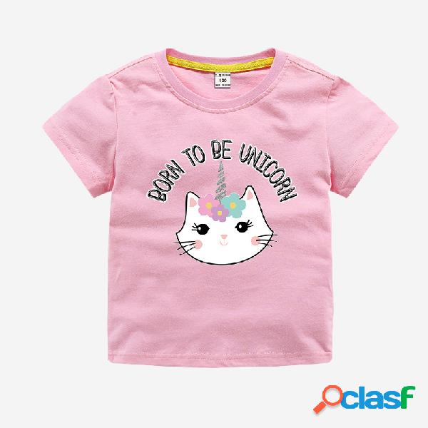Gato da menina unicórnio impressão verão manga curta