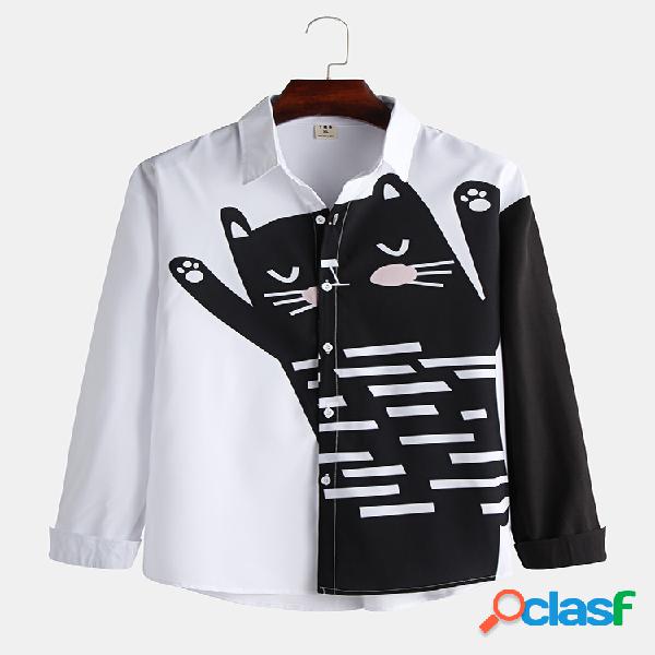 Gato de desenho animado impresso lapela casual Camisa