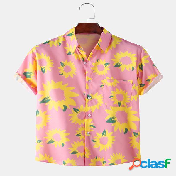 Girassol Impresso Básico Casual Solto Manga Curta Camisa