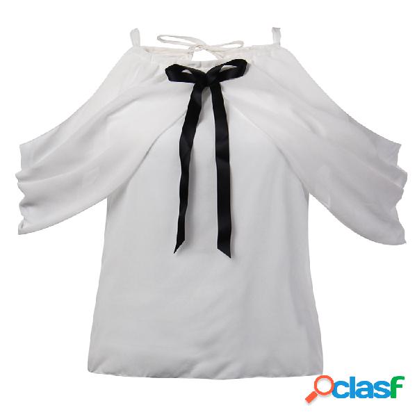 Halter pescoço bowknot elegante fora do ombro branco