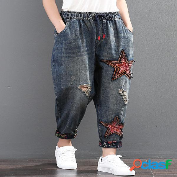 Harem Patchwork estrelas elástico na cintura Denim