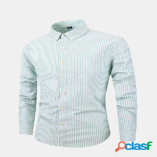 Homens 100% Algodão Listrado Turn Down Collar Manga Longa