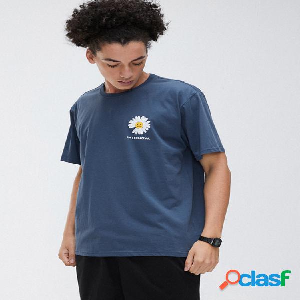 Homens 100% Algodão Solid Daisy Print Rodada Neck Casual