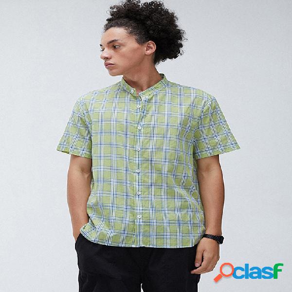 Homens 100% Algodão Xadrez Estampado Casual Loose Collar