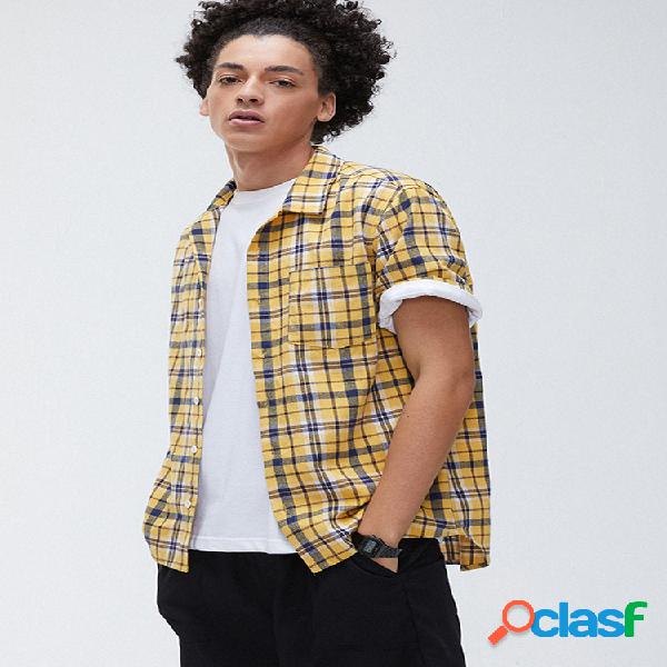 Homens 100% Algodão Xadrez Estampado Casual Loose Lapel