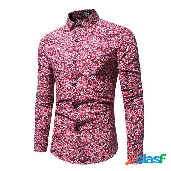 Homens Casual Slim Fit Floral Impressão Camisas de manga