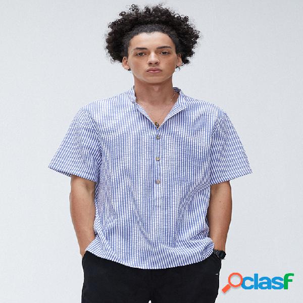 Homens Cotton Striped Print Casual Loose Collar Camisas de