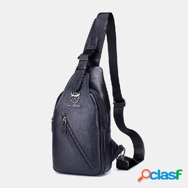 Homens Couro Genuíno Headphone Hole Sling Crossbody Bolsa