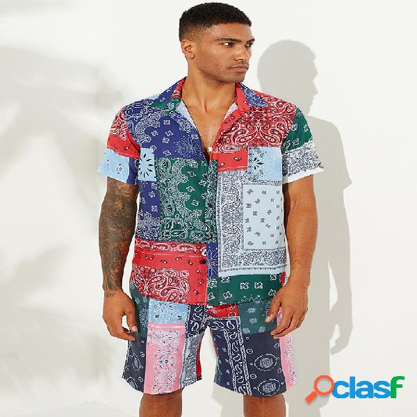 Homens Fino e respirável Chiffon Patchwork étnico impresso