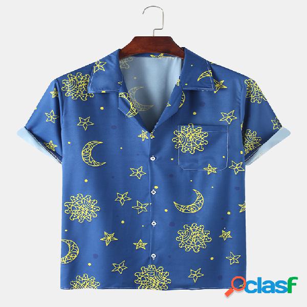 Homens Fun Graffiti Star Moon Print Praia Casual Camisa