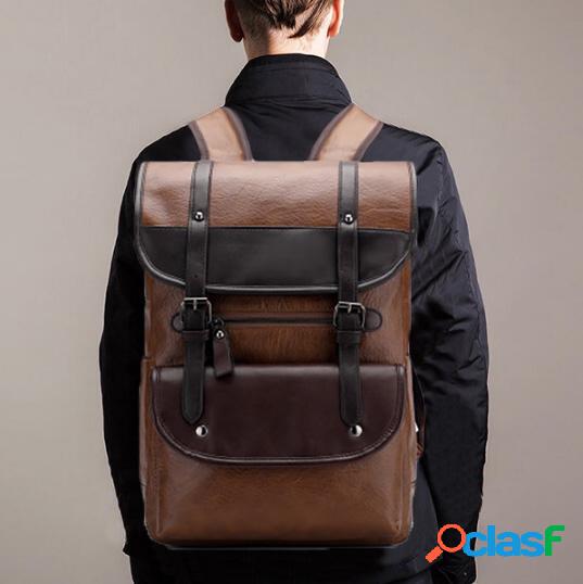Homens Grande Capacidade PU Couro Mochila Casual Vintage