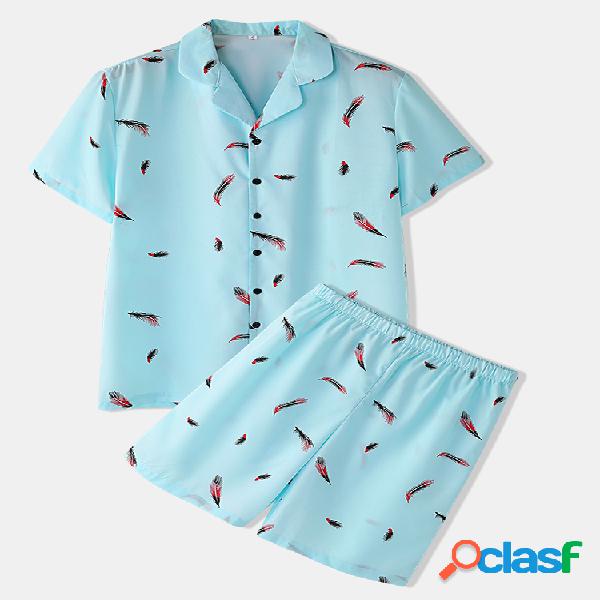 Homens Light Blue Print Pijamas Set Pijamas de seda do falso