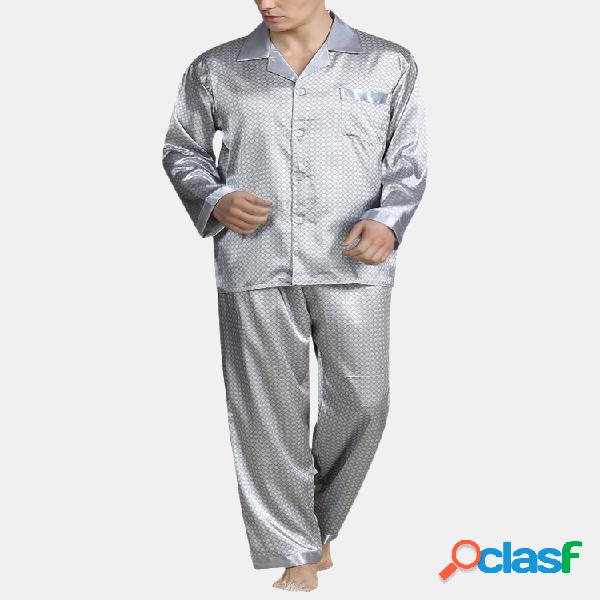 Homens Pijama Conjunto Confortável Faux Silk Suave Manga