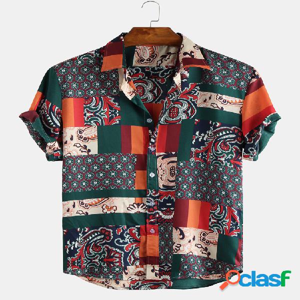 Homens estampados étnicos de manga curta casual Camisa