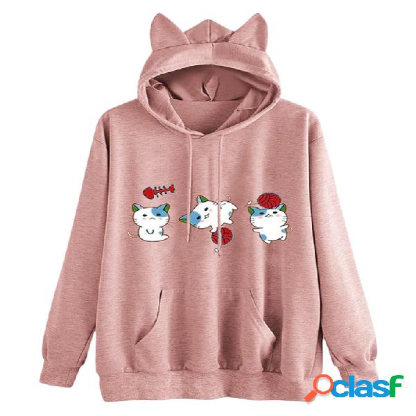 Hoodie com estampa de gato dos desenhos animados Orelha para