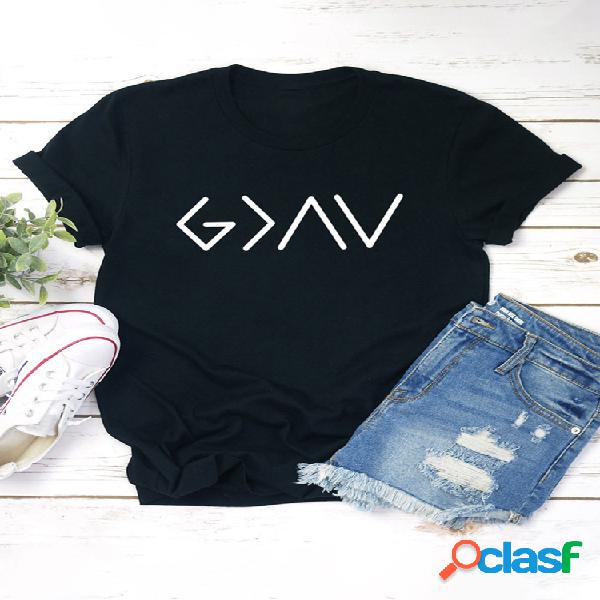 Impresso manga curta O-Neck Casual T-shirt para as Mulheres