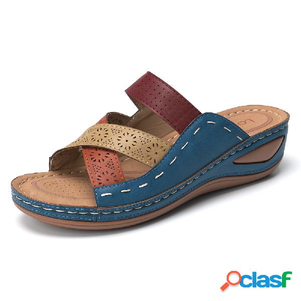 LOSTISY Color Splicing Peep Toe Plataforma Chinelos Praia
