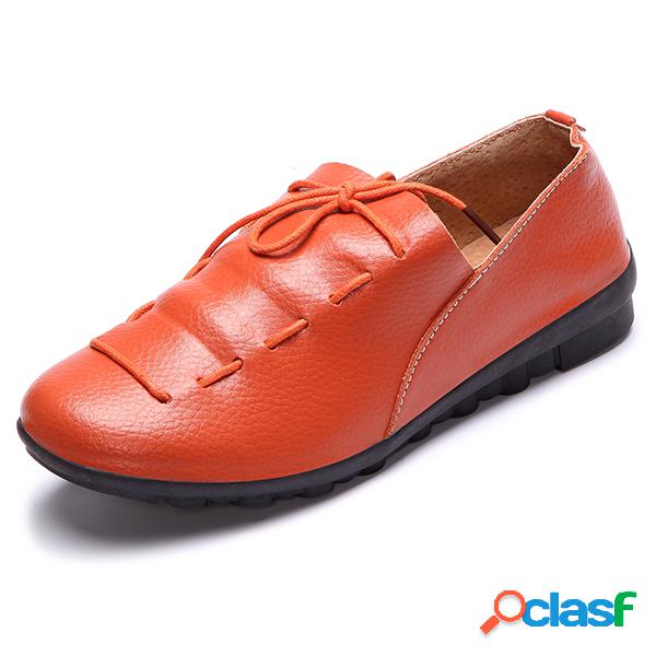 Lace Up Soft Leather Pure Color Flat Loafer Shoes