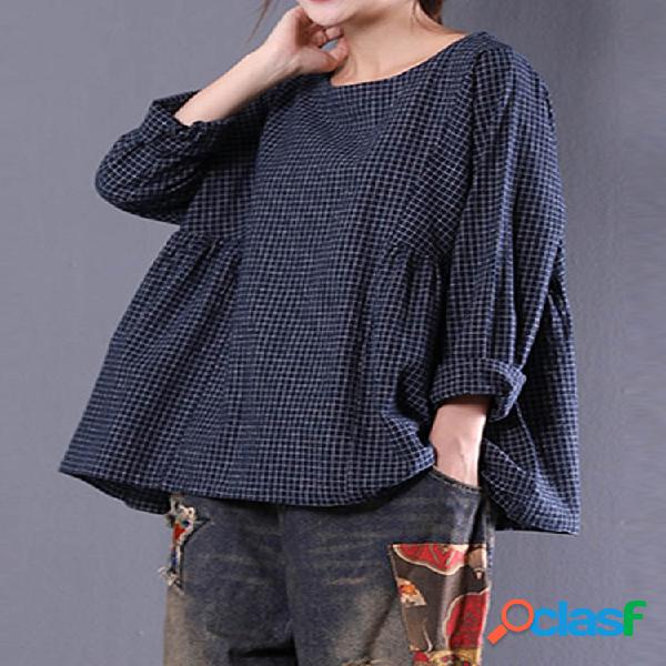 Loose Blusa Axadrezada Feminina Manga Longa Gola Redonda